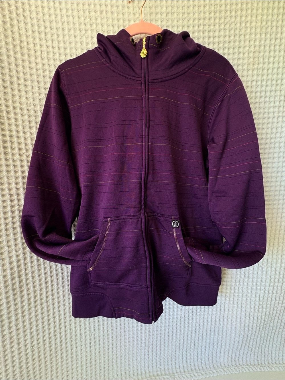 Vintage Y2K Volcom Womens XL Purple Striped Full Zip Hoodie, Skater /Snowboard